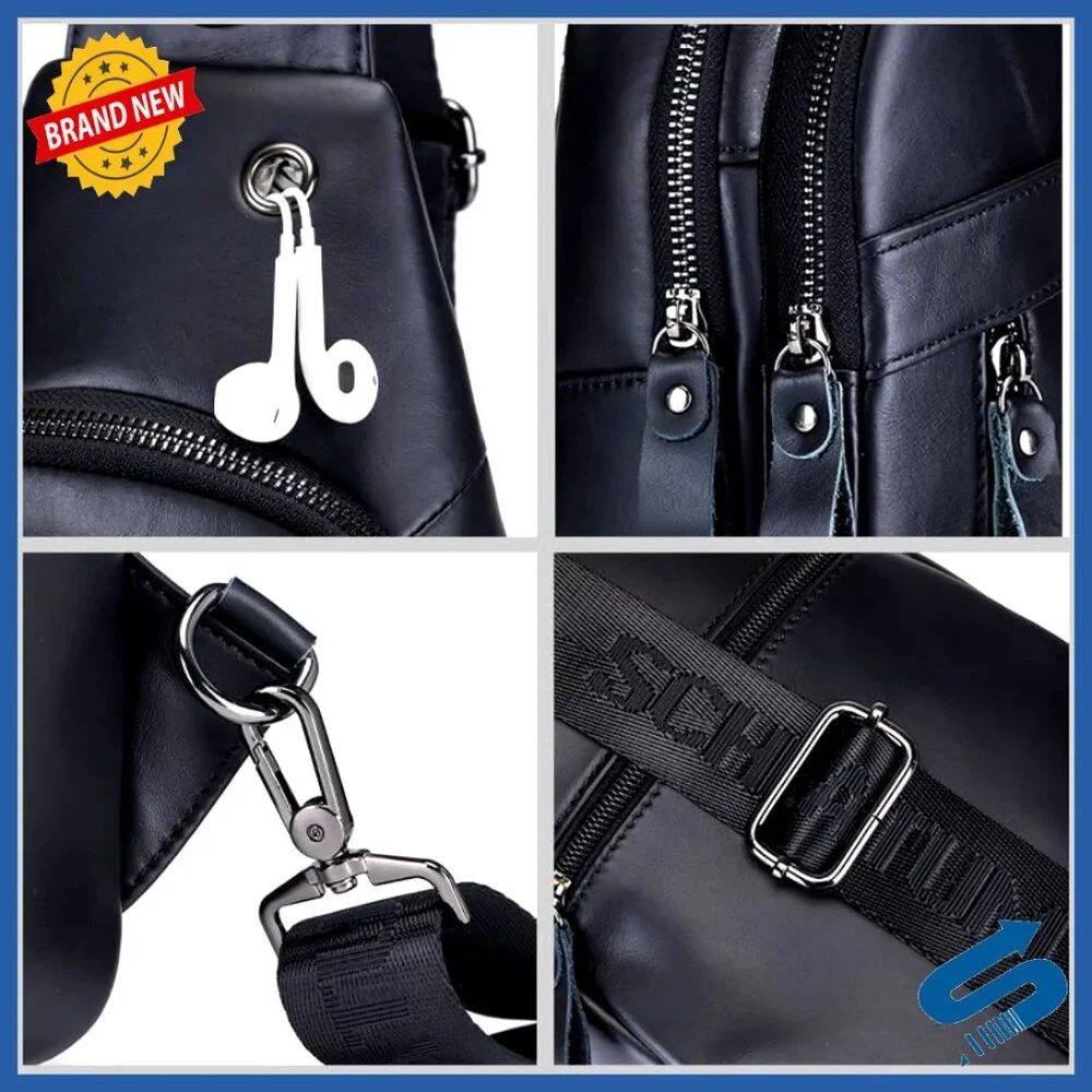 Genuine Leather Crossbody Sling Bag with Headphone Hole, 5 Pockets